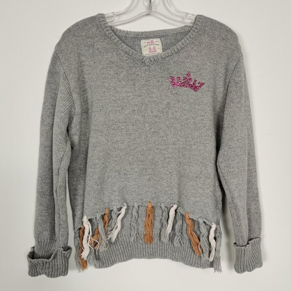 Offspring Girls Sweater Size 5 / 6 Years Gray Fringed Hem Y2K Knitwear Embellish